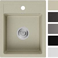 Fregadero de Granito con Sifón Riga Fregadero Empotrado Beige Armario Cocina 40cm Lavabo de Granito con Sifón y Rejilla…